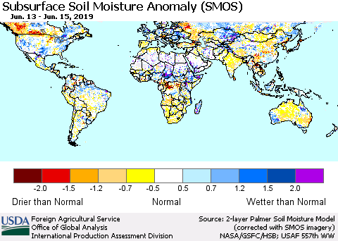 World Subsurface Soil Moisture Anomaly (SMOS) Thematic Map For 6/10/2019 - 6/16/2019