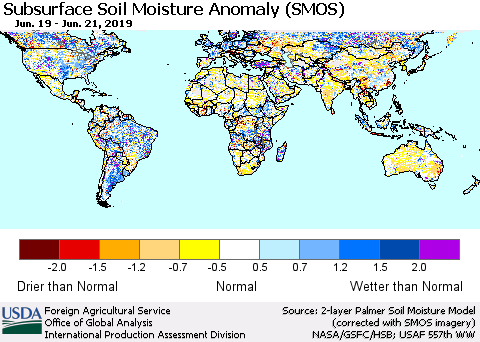 World Subsurface Soil Moisture Anomaly (SMOS) Thematic Map For 6/17/2019 - 6/23/2019