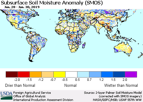 World Subsurface Soil Moisture Anomaly (SMOS) Thematic Map For 6/24/2019 - 6/30/2019