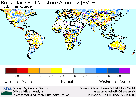 World Subsurface Soil Moisture Anomaly (SMOS) Thematic Map For 7/1/2019 - 7/7/2019