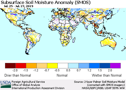 World Subsurface Soil Moisture Anomaly (SMOS) Thematic Map For 7/22/2019 - 7/28/2019