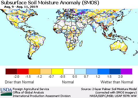 World Subsurface Soil Moisture Anomaly (SMOS) Thematic Map For 8/5/2019 - 8/11/2019
