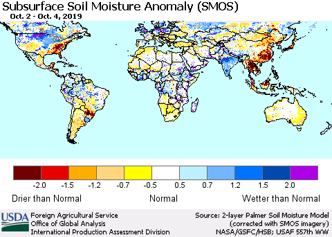 World Subsurface Soil Moisture Anomaly (SMOS) Thematic Map For 9/30/2019 - 10/6/2019
