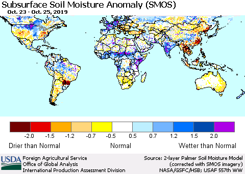 World Subsurface Soil Moisture Anomaly (SMOS) Thematic Map For 10/21/2019 - 10/27/2019
