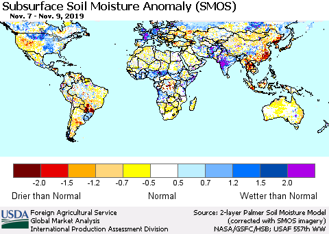 World Subsurface Soil Moisture Anomaly (SMOS) Thematic Map For 11/4/2019 - 11/10/2019