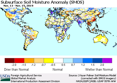 World Subsurface Soil Moisture Anomaly (SMOS) Thematic Map For 11/11/2019 - 11/17/2019