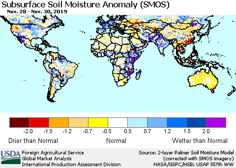 World Subsurface Soil Moisture Anomaly (SMOS) Thematic Map For 11/25/2019 - 12/1/2019