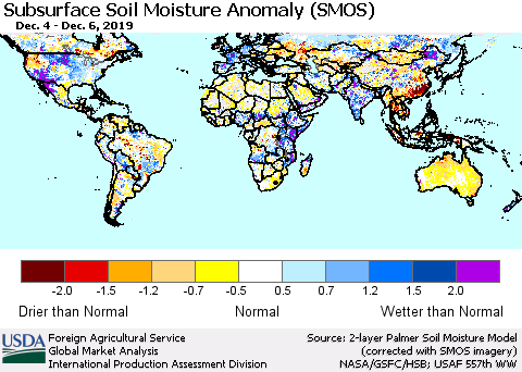 World Subsurface Soil Moisture Anomaly (SMOS) Thematic Map For 12/2/2019 - 12/8/2019