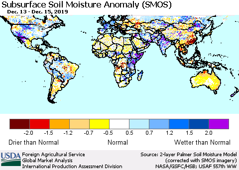 World Subsurface Soil Moisture Anomaly (SMOS) Thematic Map For 12/9/2019 - 12/15/2019