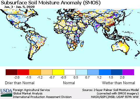 World Subsurface Soil Moisture Anomaly (SMOS) Thematic Map For 12/30/2019 - 1/5/2020