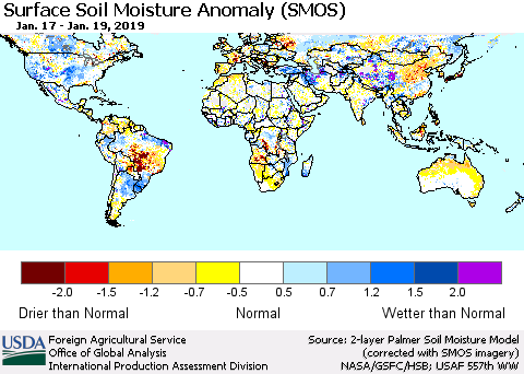 World Surface Soil Moisture Anomaly (SMOS) Thematic Map For 1/14/2019 - 1/20/2019