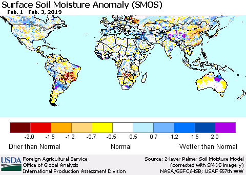 World Surface Soil Moisture Anomaly (SMOS) Thematic Map For 1/28/2019 - 2/3/2019