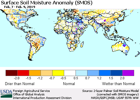 World Surface Soil Moisture Anomaly (SMOS) Thematic Map For 2/4/2019 - 2/10/2019
