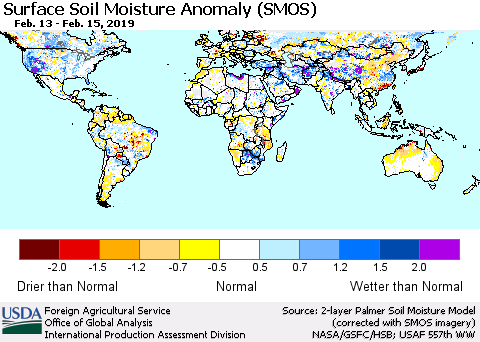 World Surface Soil Moisture Anomaly (SMOS) Thematic Map For 2/11/2019 - 2/17/2019
