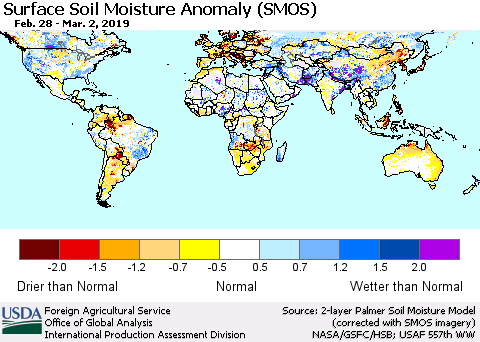 World Surface Soil Moisture Anomaly (SMOS) Thematic Map For 2/25/2019 - 3/3/2019