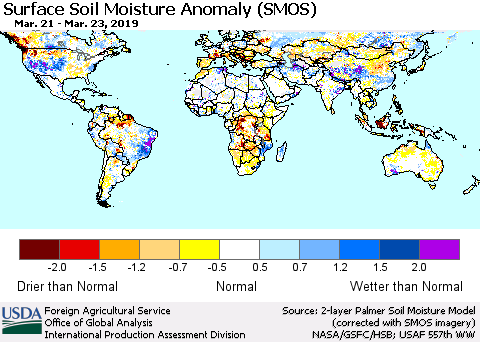 World Surface Soil Moisture Anomaly (SMOS) Thematic Map For 3/18/2019 - 3/24/2019