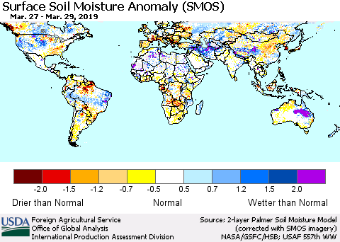 World Surface Soil Moisture Anomaly (SMOS) Thematic Map For 3/25/2019 - 3/31/2019