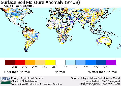 World Surface Soil Moisture Anomaly (SMOS) Thematic Map For 4/8/2019 - 4/14/2019