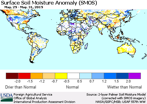 World Surface Soil Moisture Anomaly (SMOS) Thematic Map For 5/27/2019 - 6/2/2019
