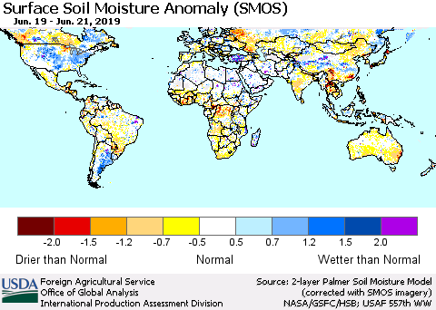 World Surface Soil Moisture Anomaly (SMOS) Thematic Map For 6/17/2019 - 6/23/2019