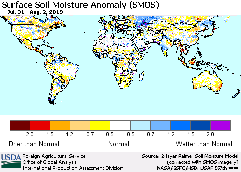 World Surface Soil Moisture Anomaly (SMOS) Thematic Map For 7/29/2019 - 8/4/2019