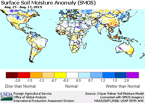 World Surface Soil Moisture Anomaly (SMOS) Thematic Map For 8/12/2019 - 8/18/2019