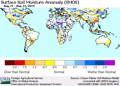 World Surface Soil Moisture Anomaly (SMOS) Thematic Map For 8/19/2019 - 8/25/2019