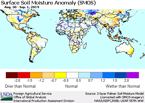 World Surface Soil Moisture Anomaly (SMOS) Thematic Map For 8/26/2019 - 9/1/2019