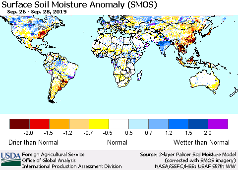 World Surface Soil Moisture Anomaly (SMOS) Thematic Map For 9/23/2019 - 9/29/2019