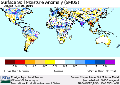 World Surface Soil Moisture Anomaly (SMOS) Thematic Map For 10/21/2019 - 10/27/2019