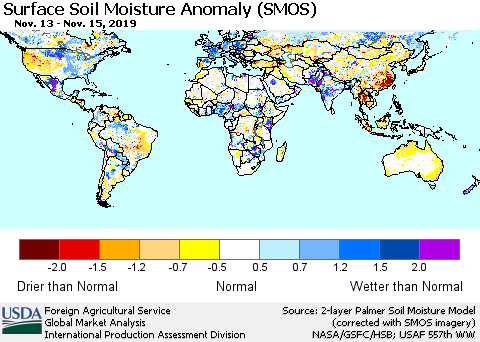 World Surface Soil Moisture Anomaly (SMOS) Thematic Map For 11/11/2019 - 11/17/2019