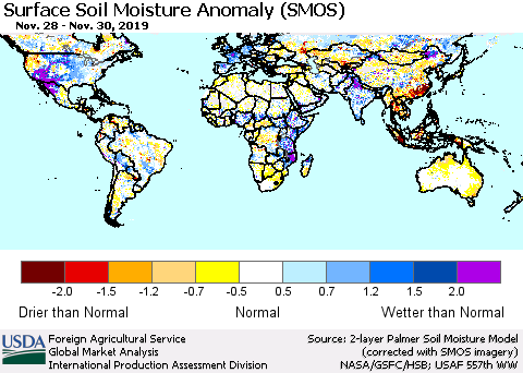 World Surface Soil Moisture Anomaly (SMOS) Thematic Map For 11/25/2019 - 12/1/2019