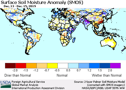 World Surface Soil Moisture Anomaly (SMOS) Thematic Map For 12/9/2019 - 12/15/2019