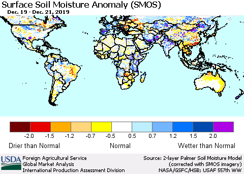 World Surface Soil Moisture Anomaly (SMOS) Thematic Map For 12/16/2019 - 12/22/2019