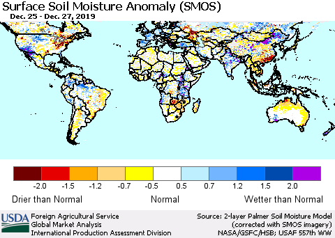 World Surface Soil Moisture Anomaly (SMOS) Thematic Map For 12/23/2019 - 12/29/2019