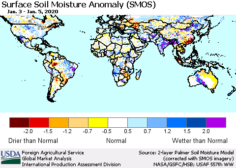 World Surface Soil Moisture Anomaly (SMOS) Thematic Map For 12/30/2019 - 1/5/2020