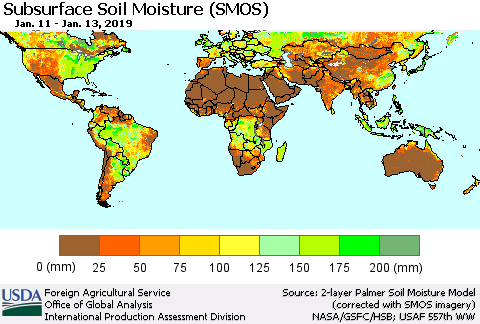 World Subsurface Soil Moisture (SMOS) Thematic Map For 1/7/2019 - 1/13/2019