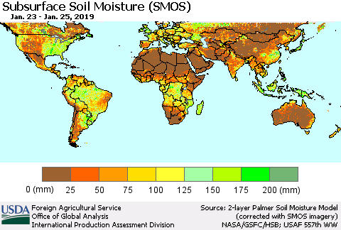 World Subsurface Soil Moisture (SMOS) Thematic Map For 1/21/2019 - 1/27/2019