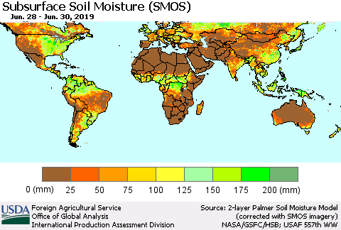 World Subsurface Soil Moisture (SMOS) Thematic Map For 6/24/2019 - 6/30/2019
