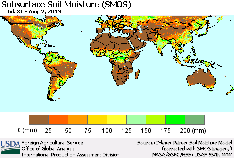World Subsurface Soil Moisture (SMOS) Thematic Map For 7/29/2019 - 8/4/2019