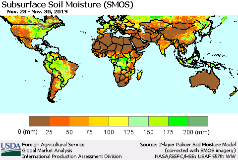 World Subsurface Soil Moisture (SMOS) Thematic Map For 11/25/2019 - 12/1/2019
