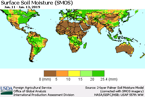 World Surface Soil Moisture (SMOS) Thematic Map For 1/7/2019 - 1/13/2019