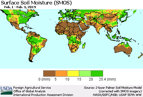 World Surface Soil Moisture (SMOS) Thematic Map For 1/28/2019 - 2/3/2019