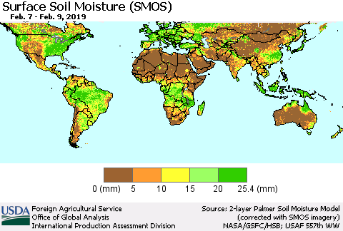 World Surface Soil Moisture (SMOS) Thematic Map For 2/4/2019 - 2/10/2019