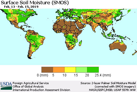 World Surface Soil Moisture (SMOS) Thematic Map For 2/11/2019 - 2/17/2019