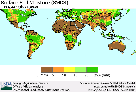 World Surface Soil Moisture (SMOS) Thematic Map For 2/18/2019 - 2/24/2019