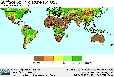 World Surface Soil Moisture (SMOS) Thematic Map For 3/4/2019 - 3/10/2019