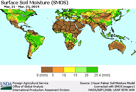 World Surface Soil Moisture (SMOS) Thematic Map For 3/18/2019 - 3/24/2019