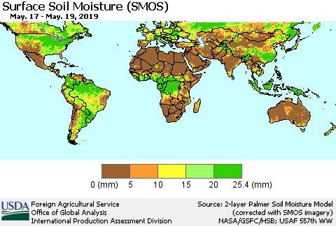 World Surface Soil Moisture (SMOS) Thematic Map For 5/13/2019 - 5/19/2019