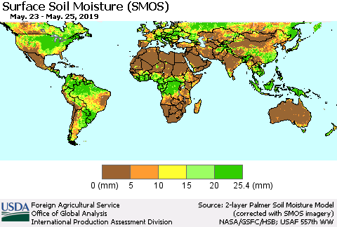 World Surface Soil Moisture (SMOS) Thematic Map For 5/20/2019 - 5/26/2019